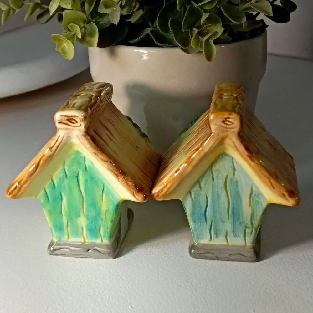 Cottage Bird House Salt & Pepper Shakers Hand-Painted Miniatures Ceramic